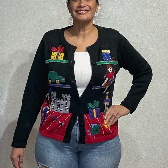 Victoria Jones Black Embellished Embroidered Christmas Vintage Cardigan Sz S - Picture 1 of 12